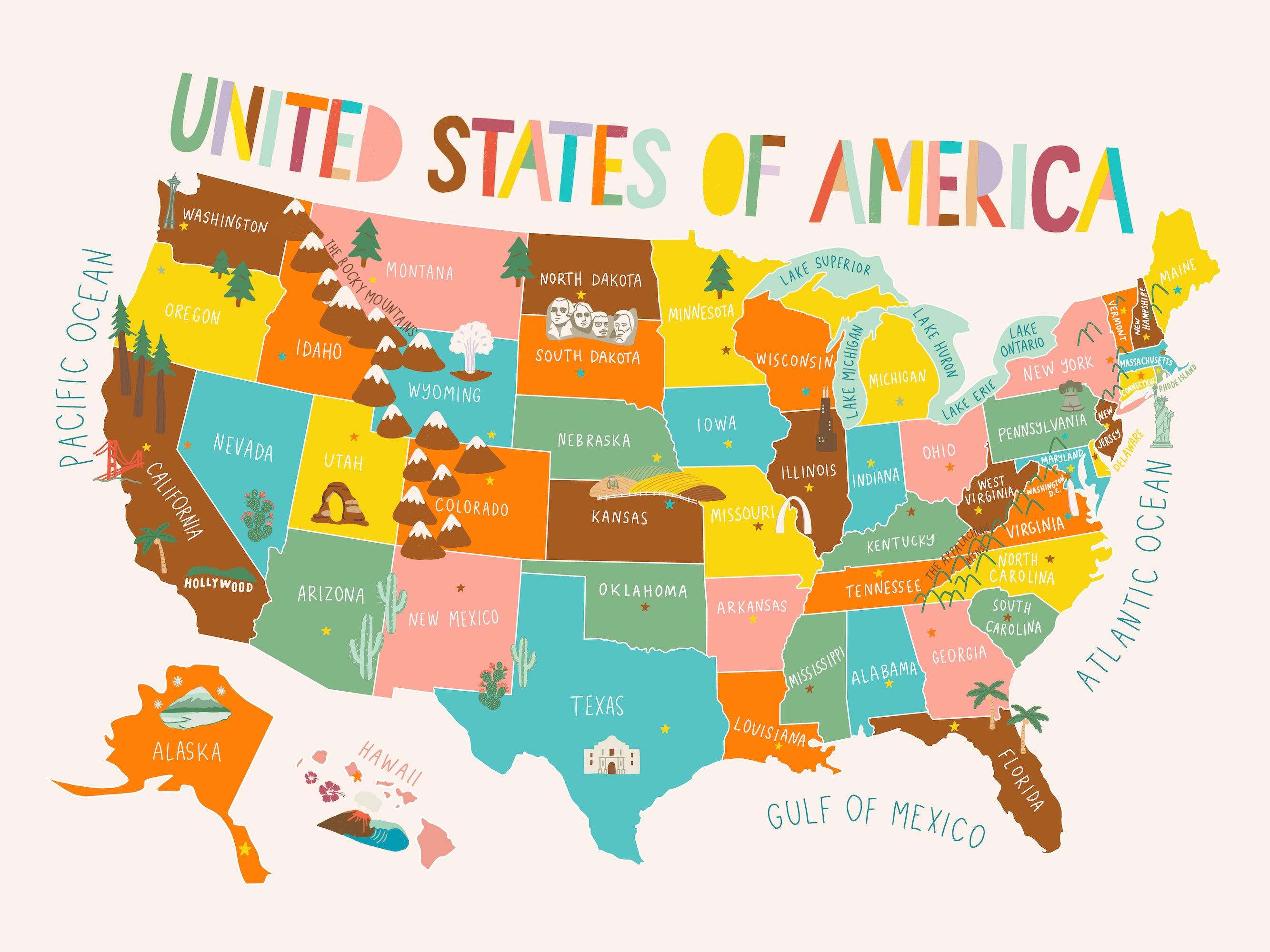USA Illustrated Map Art Print // Avery