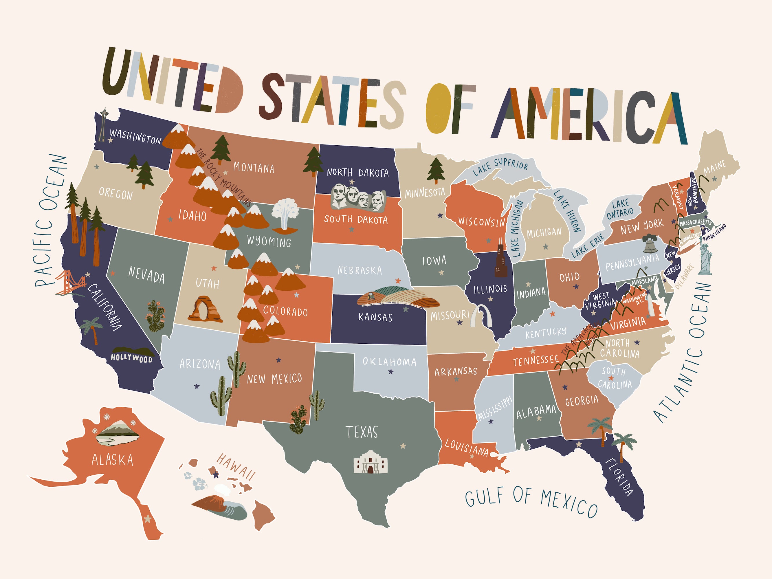 USA Illustrated Map Art Print // Hunter