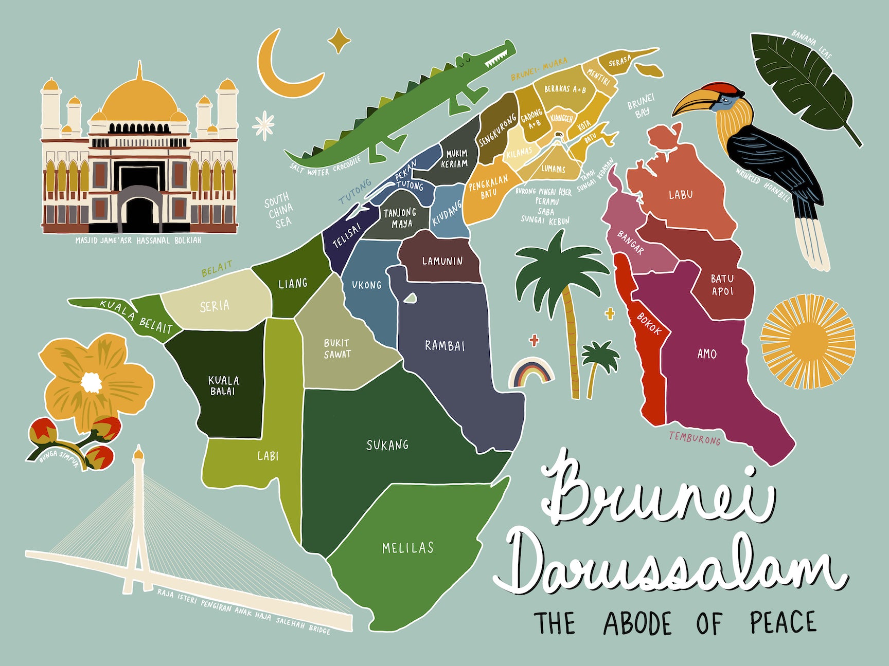 Brunei Darussalam Illustrated Map Art Print