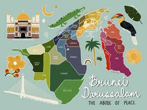 Open image in slideshow, Brunei Darussalam Illustrated Map Art Print
